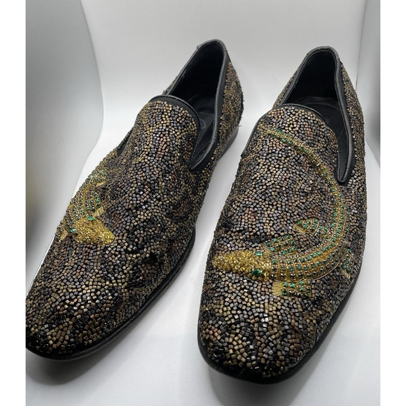 Donald J Pliner Signature Size 10.5 Black Leather Loafers- Gold/Green Beaded